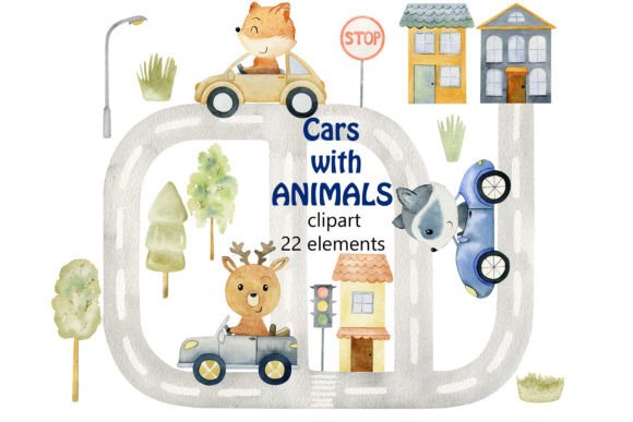 Download Watercolor Animals in the Car, Clipart. - Watercolor animals Collection