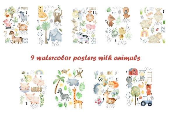 Download 9 Posters with Watercolor Animals. - Watercolor animals Collection